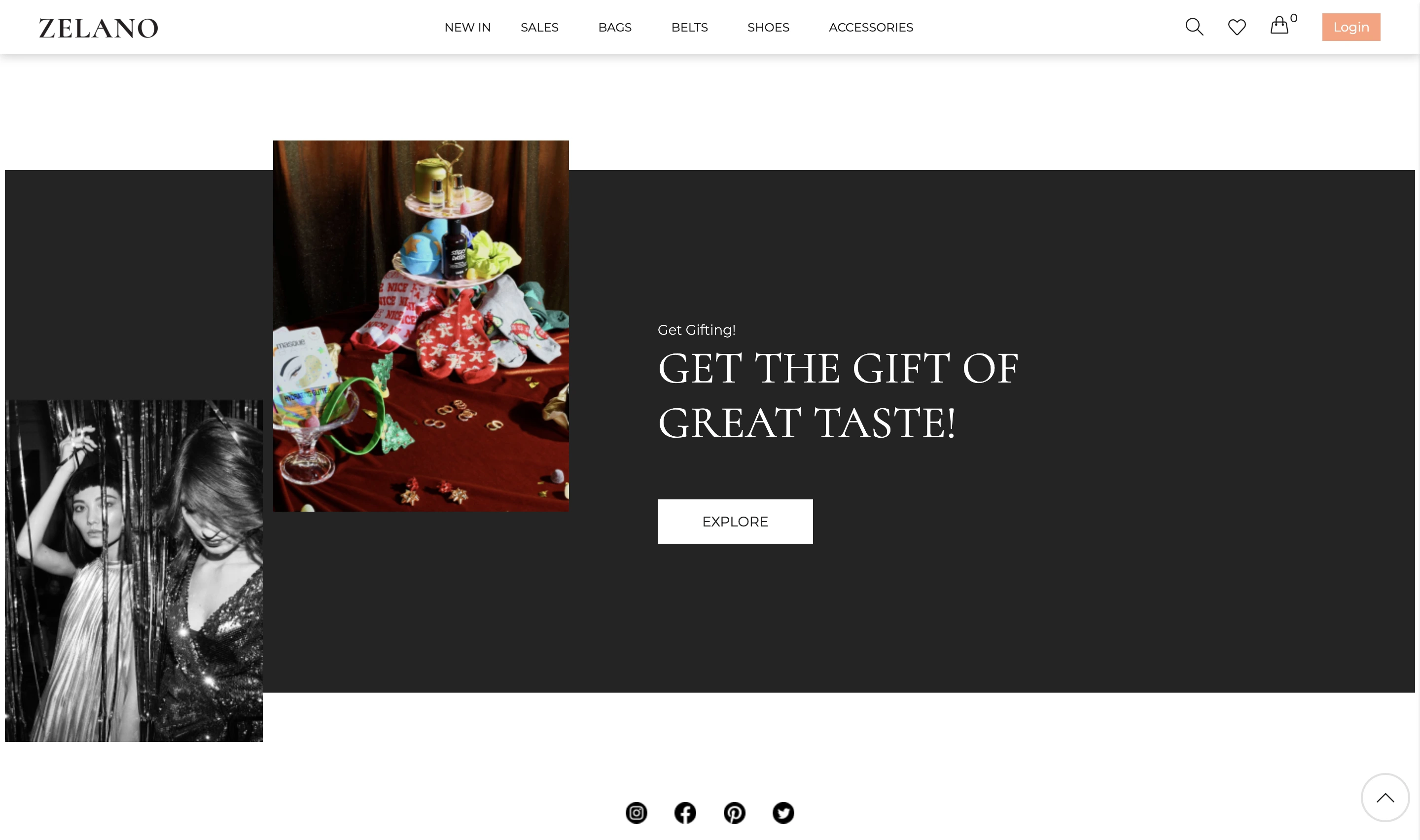Zelano gifting section reading Get the gift of great taste, with a styled photo of gift boxes and accessories and an Explore button